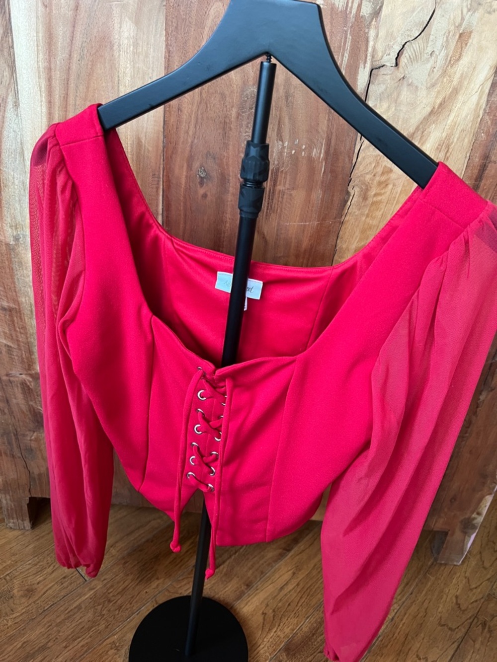 Red Lace-Up Peasant Blouse - Women's Top